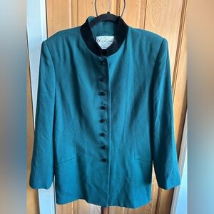 Oleg Cassini Emerald/Teal Blazer with Black Velvet‎ collar and buttons